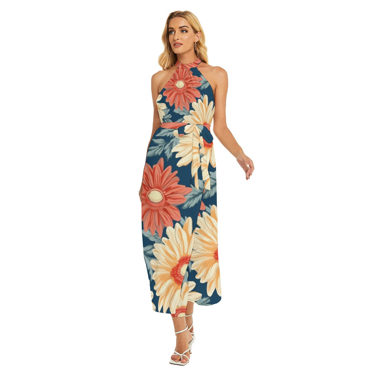 All-Over Print Women's Wrap Hem Belted Halter Dress