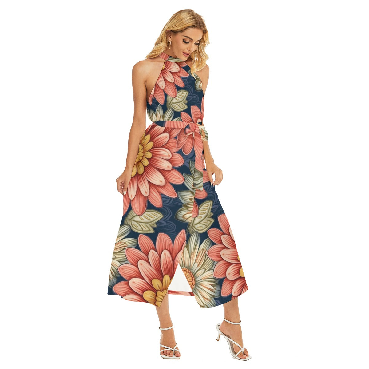 All-Over Print Women's Wrap Hem Belted Halter Dress