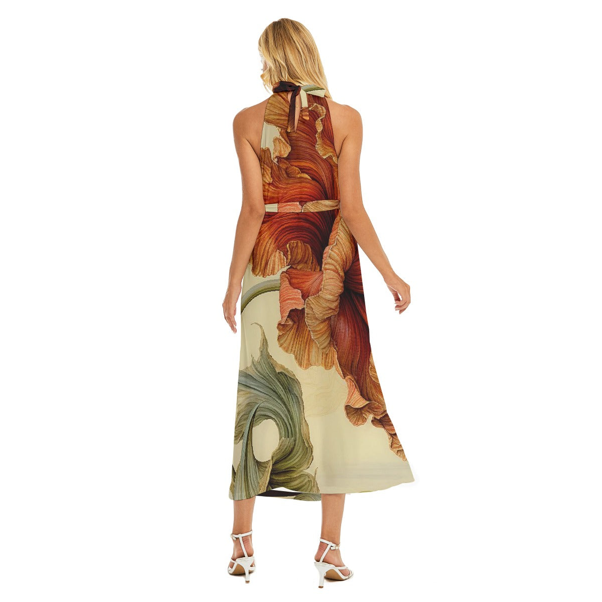 All-Over Print Women's Wrap Hem Belted Halter Dress