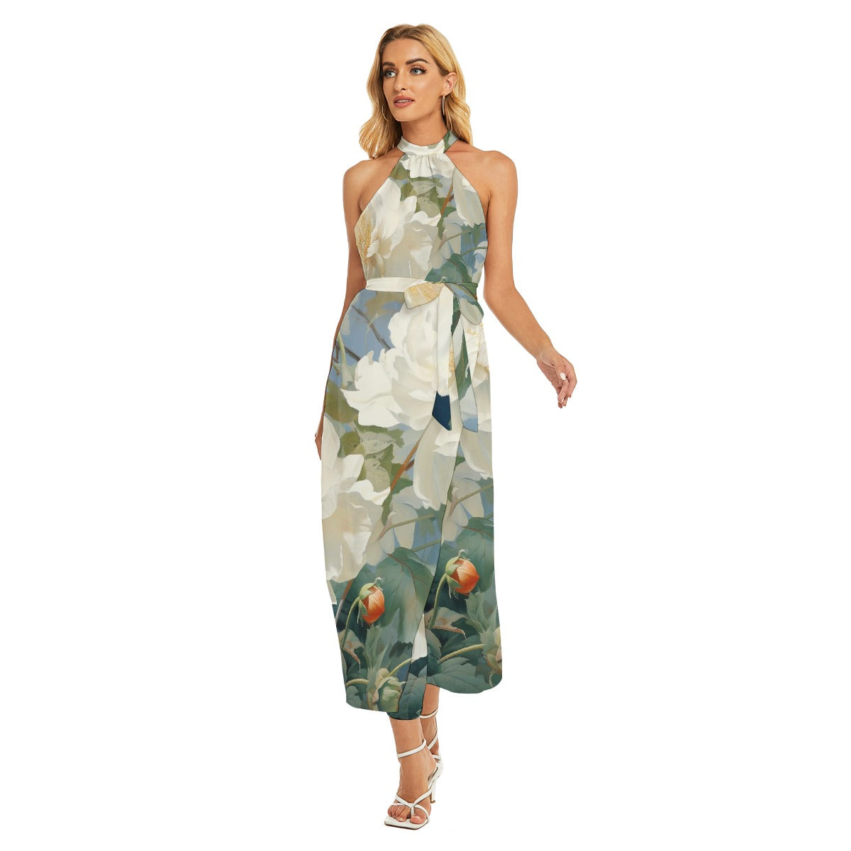 All-Over Print Women's Wrap Hem Belted Halter Dress