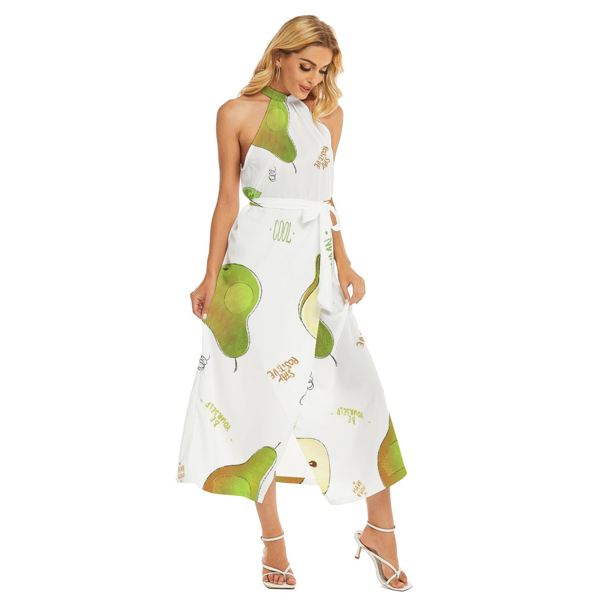 All-Over Print Women's Wrap Hem Belted Halter Dress