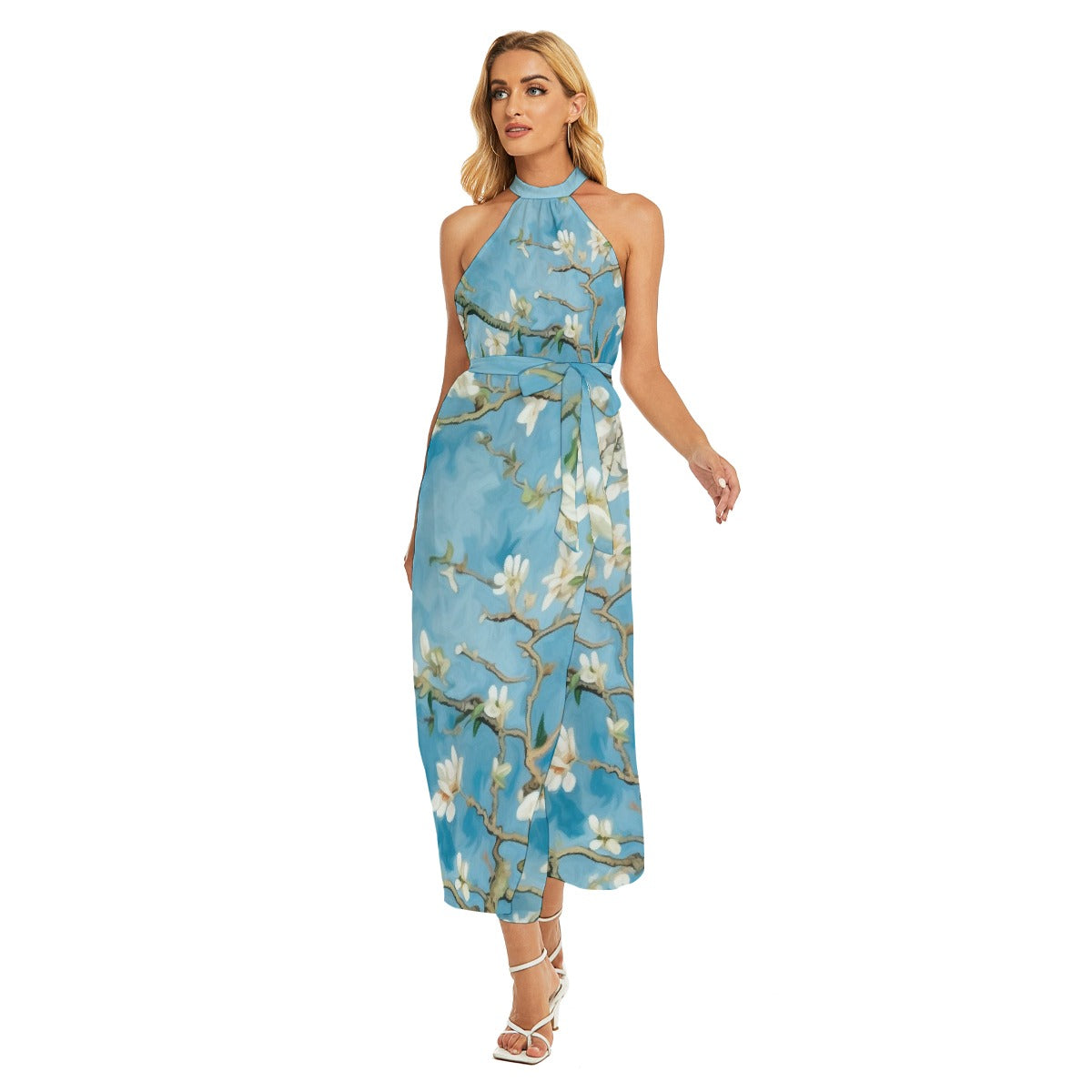 All-Over Print Women's Wrap Hem Belted Halter Dress