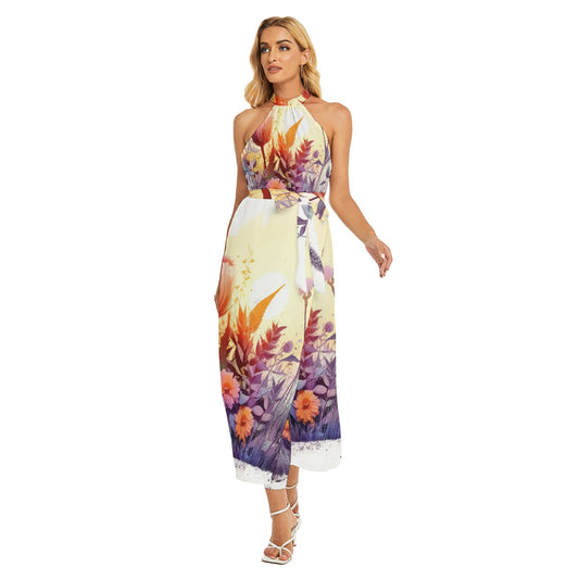 All-Over Print Women's Wrap Hem Belted Halter Dress