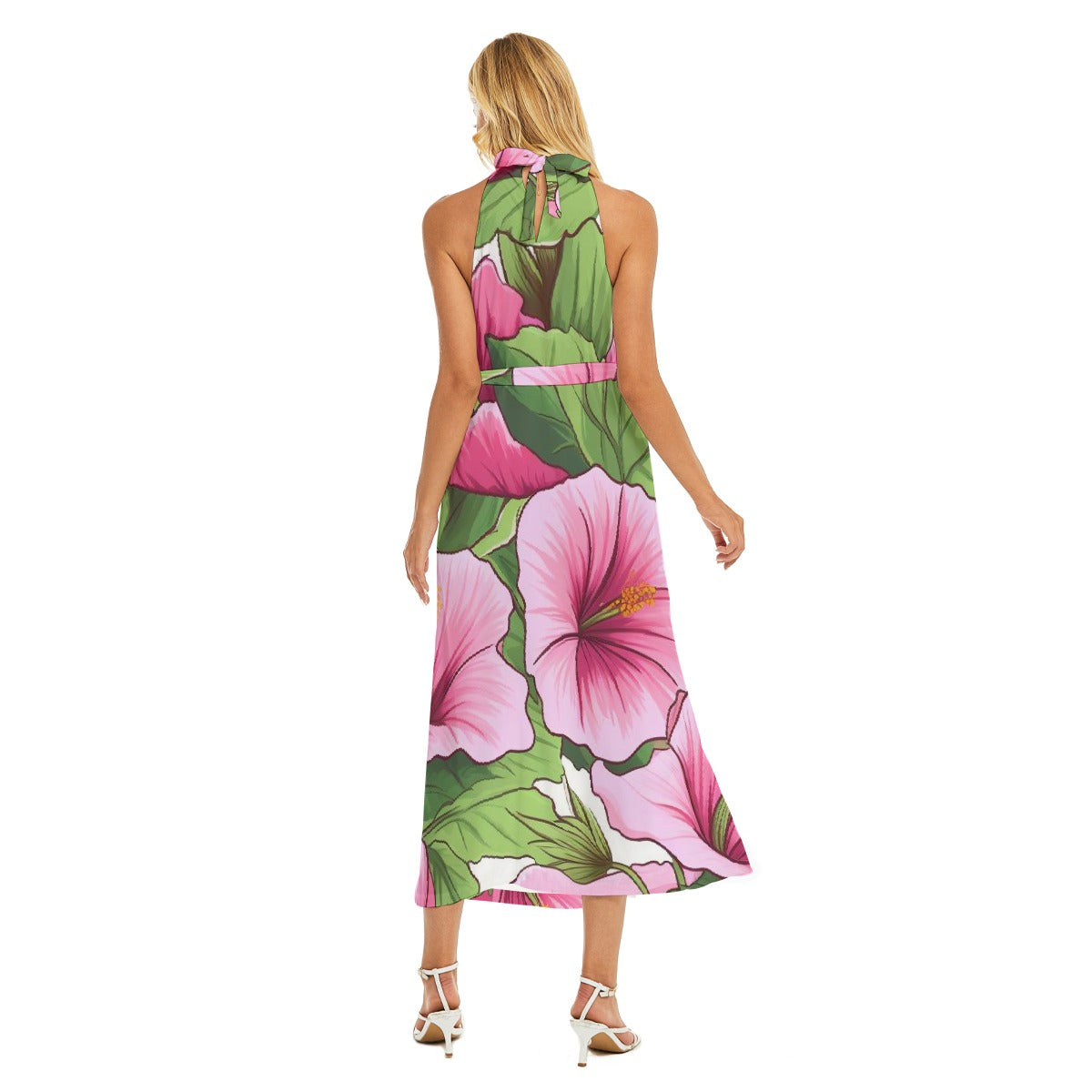 All-Over Print Women's Wrap Hem Belted Halter Dress