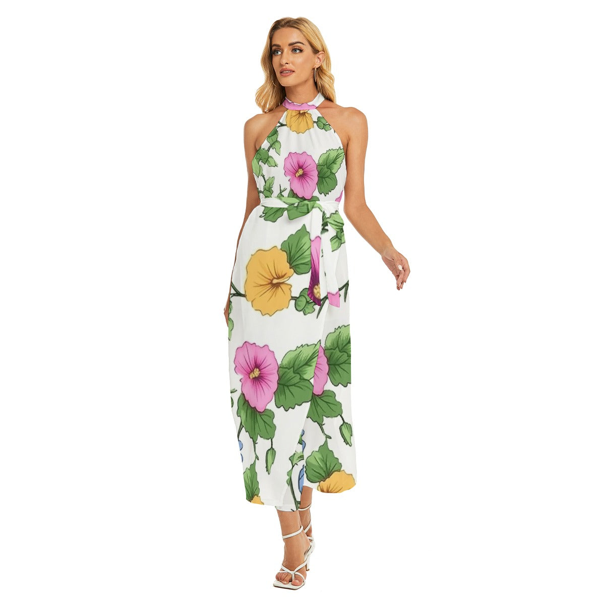 All-Over Print Women's Wrap Hem Belted Halter Dress