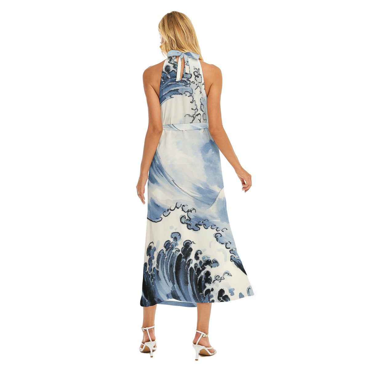 All-Over Print Women's Wrap Hem Belted Halter Dress