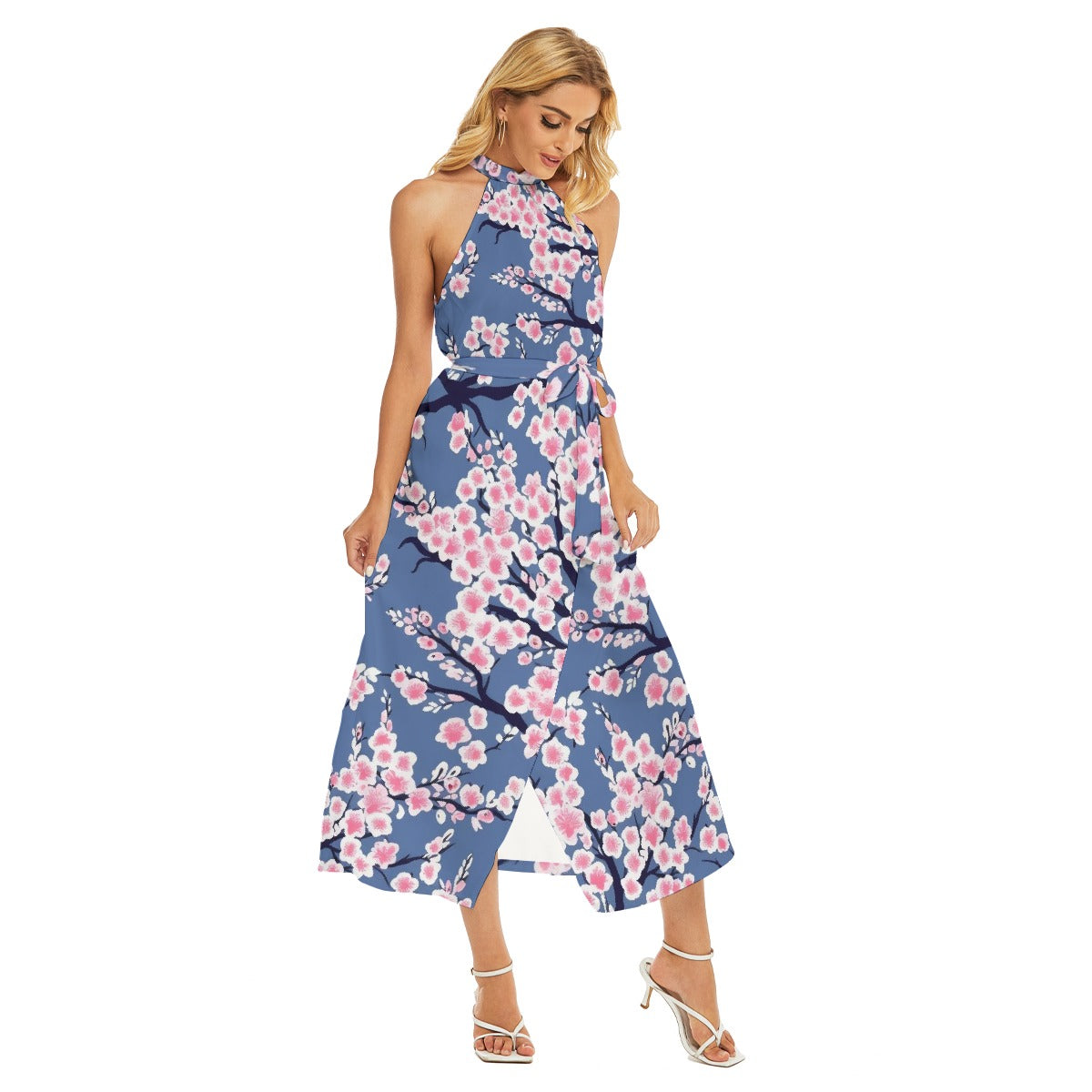 All-Over Print Women's Wrap Hem Belted Halter Dress