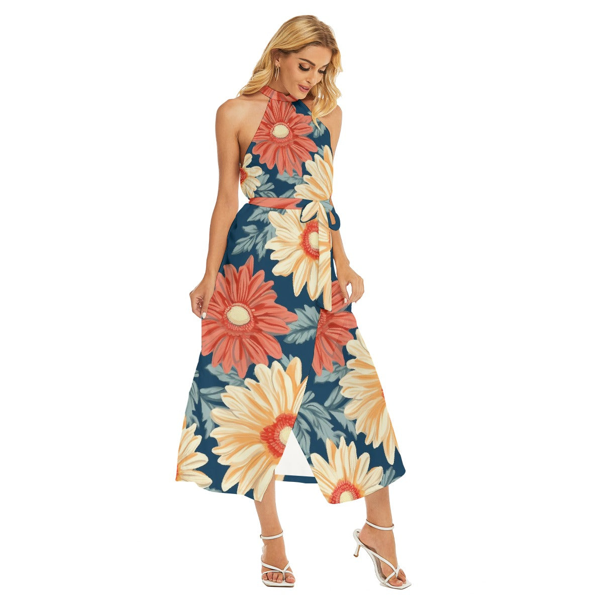 All-Over Print Women's Wrap Hem Belted Halter Dress