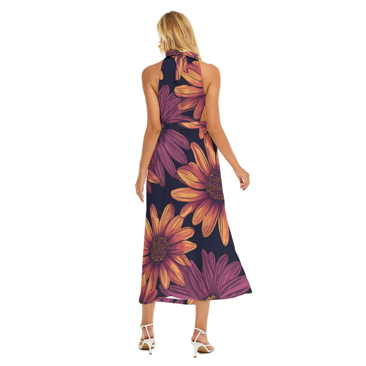 All-Over Print Women's Wrap Hem Belted Halter Dress