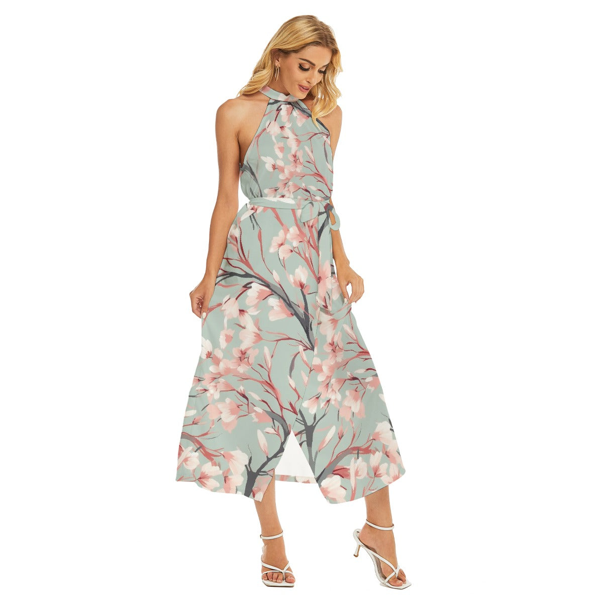 All-Over Print Women's Wrap Hem Belted Halter Dress