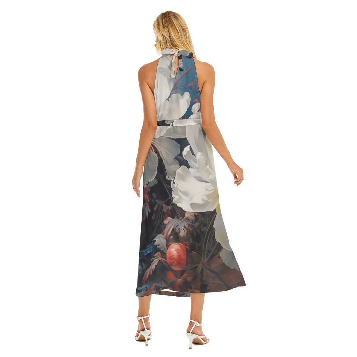 All-Over Print Women's Wrap Hem Belted Halter Dress