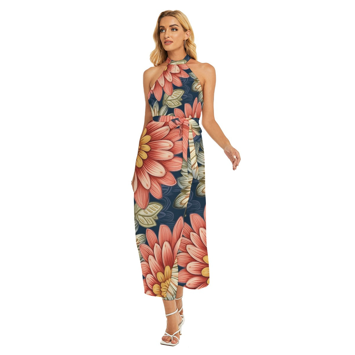 All-Over Print Women's Wrap Hem Belted Halter Dress