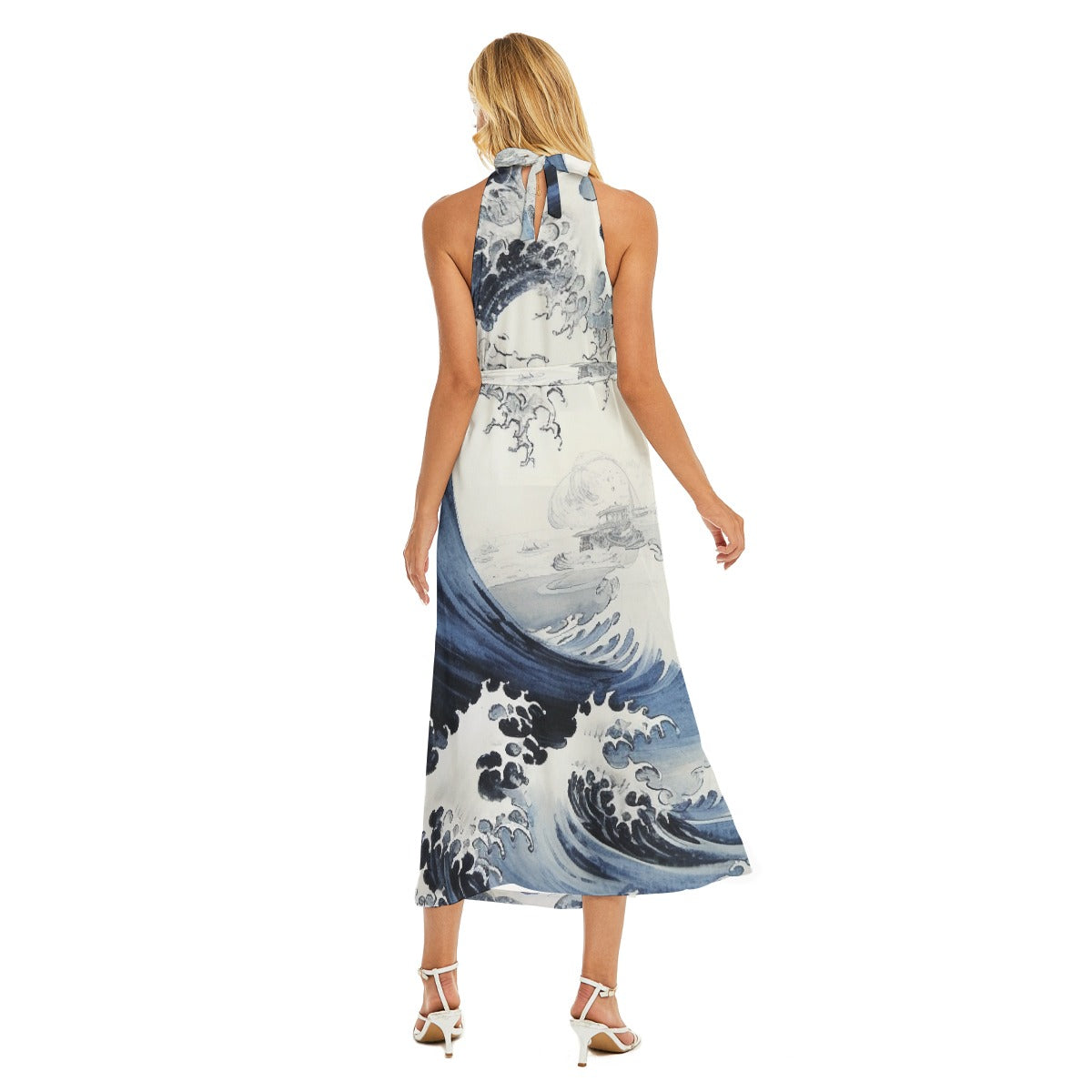 All-Over Print Women's Wrap Hem Belted Halter Dress