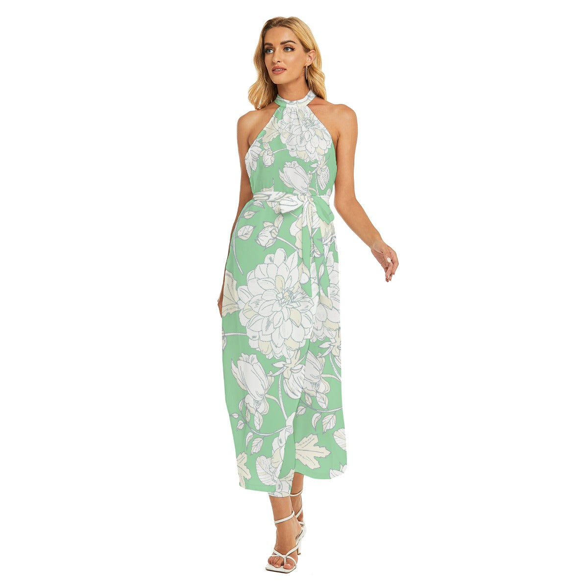 All-Over Print Women's Wrap Hem Belted Halter Dress