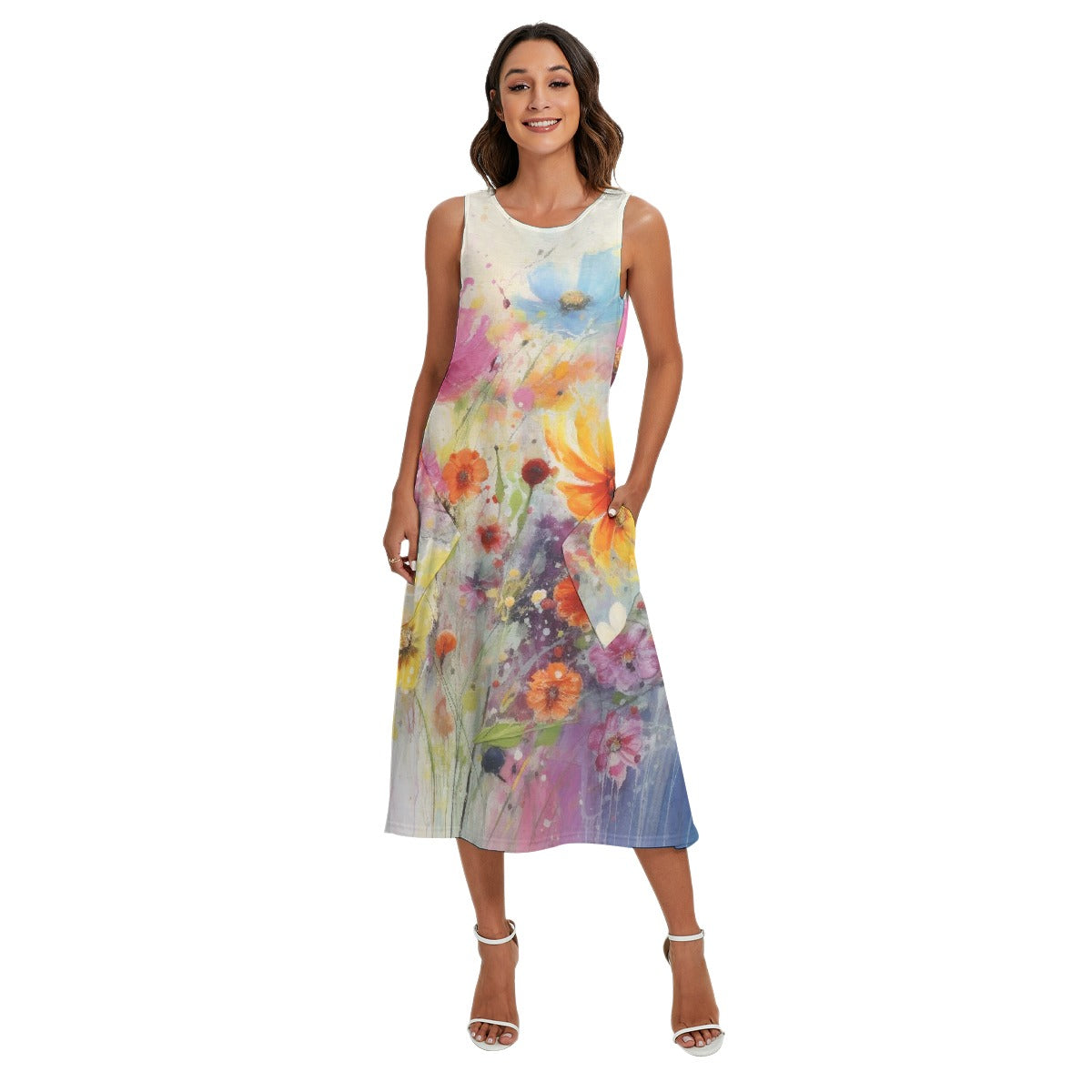 All-Over Print Women's Sleeveless Dress With Diagonal Pocket