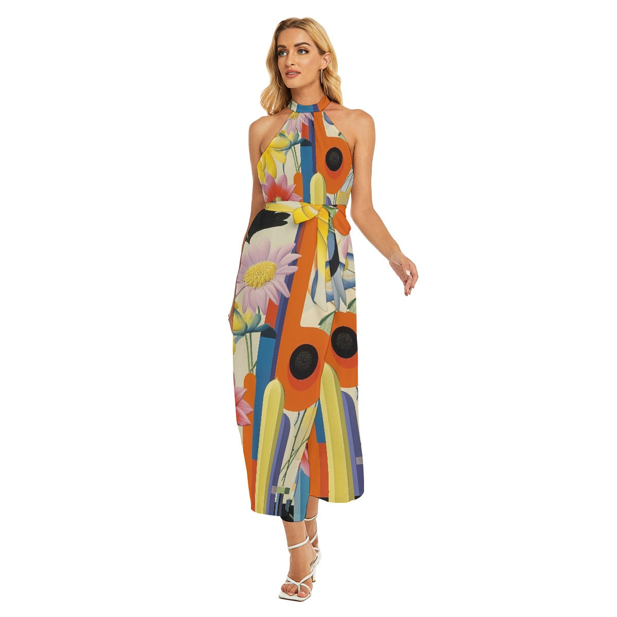 All-Over Print Women's Wrap Hem Belted Halter Dress