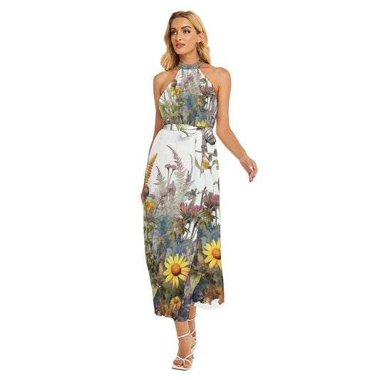 All-Over Print Women's Wrap Hem Belted Halter Dress