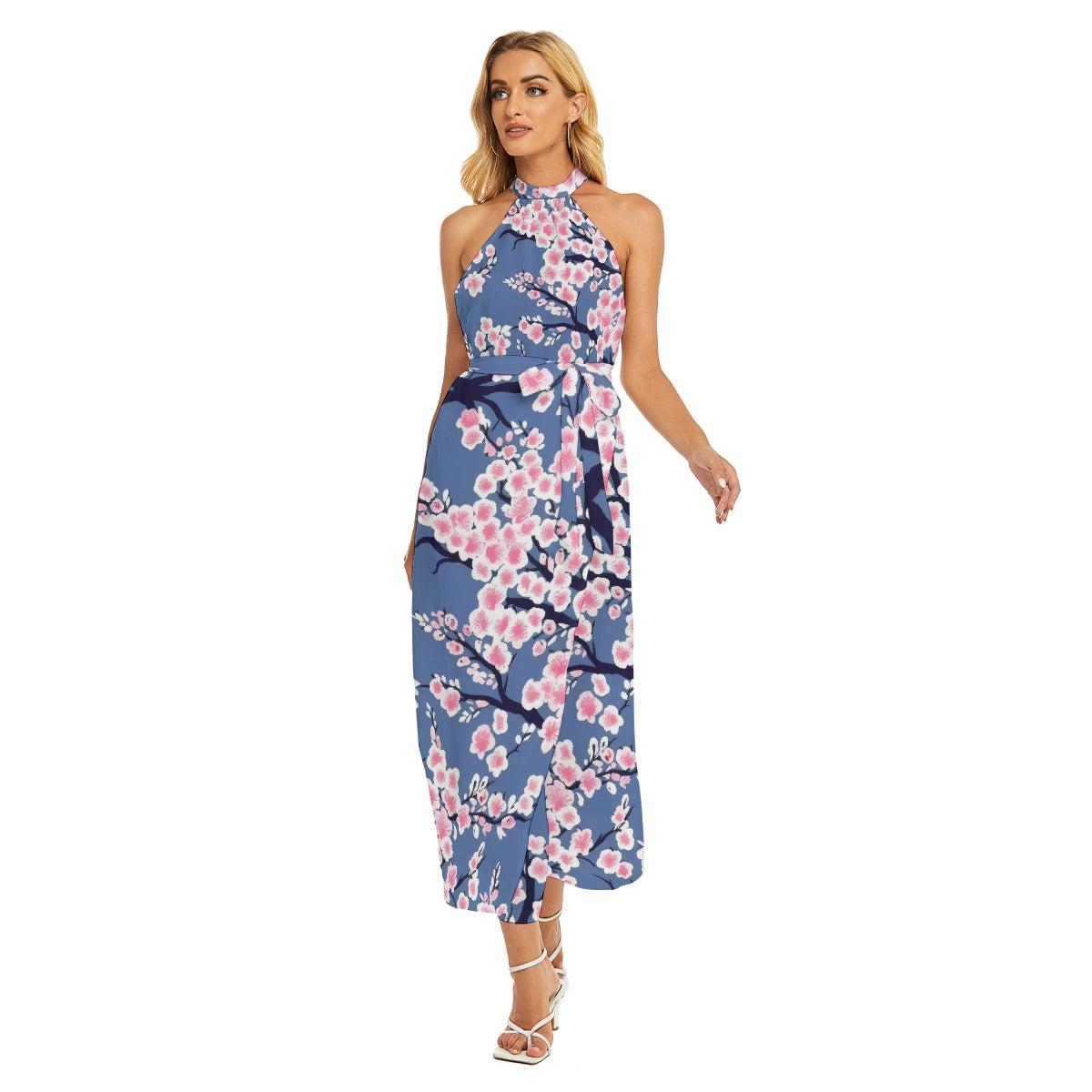 All-Over Print Women's Wrap Hem Belted Halter Dress