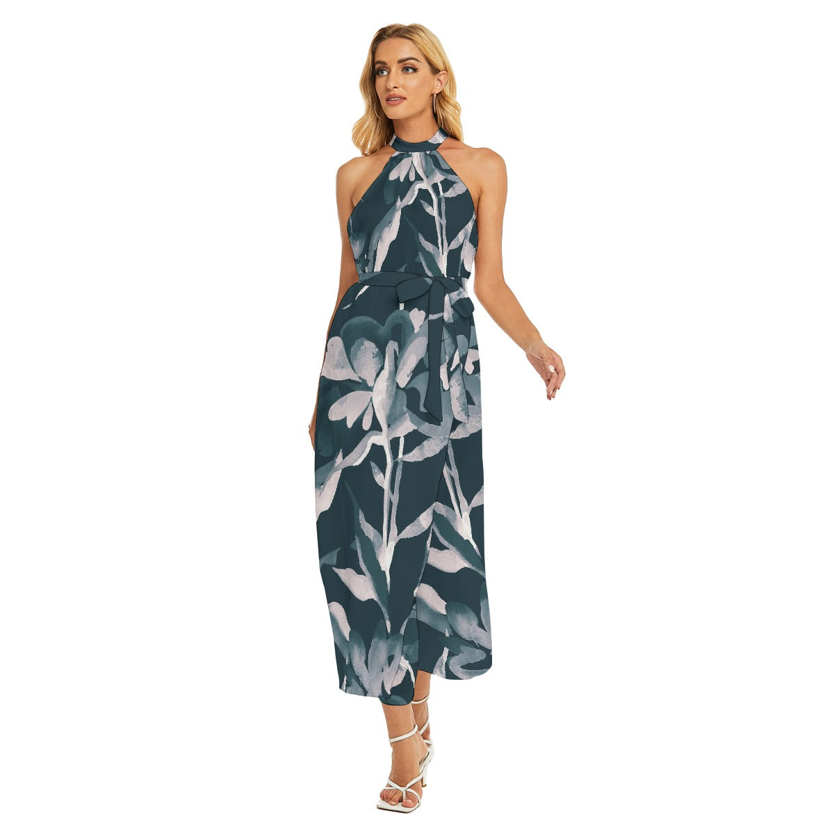 All-Over Print Women's Wrap Hem Belted Halter Dress