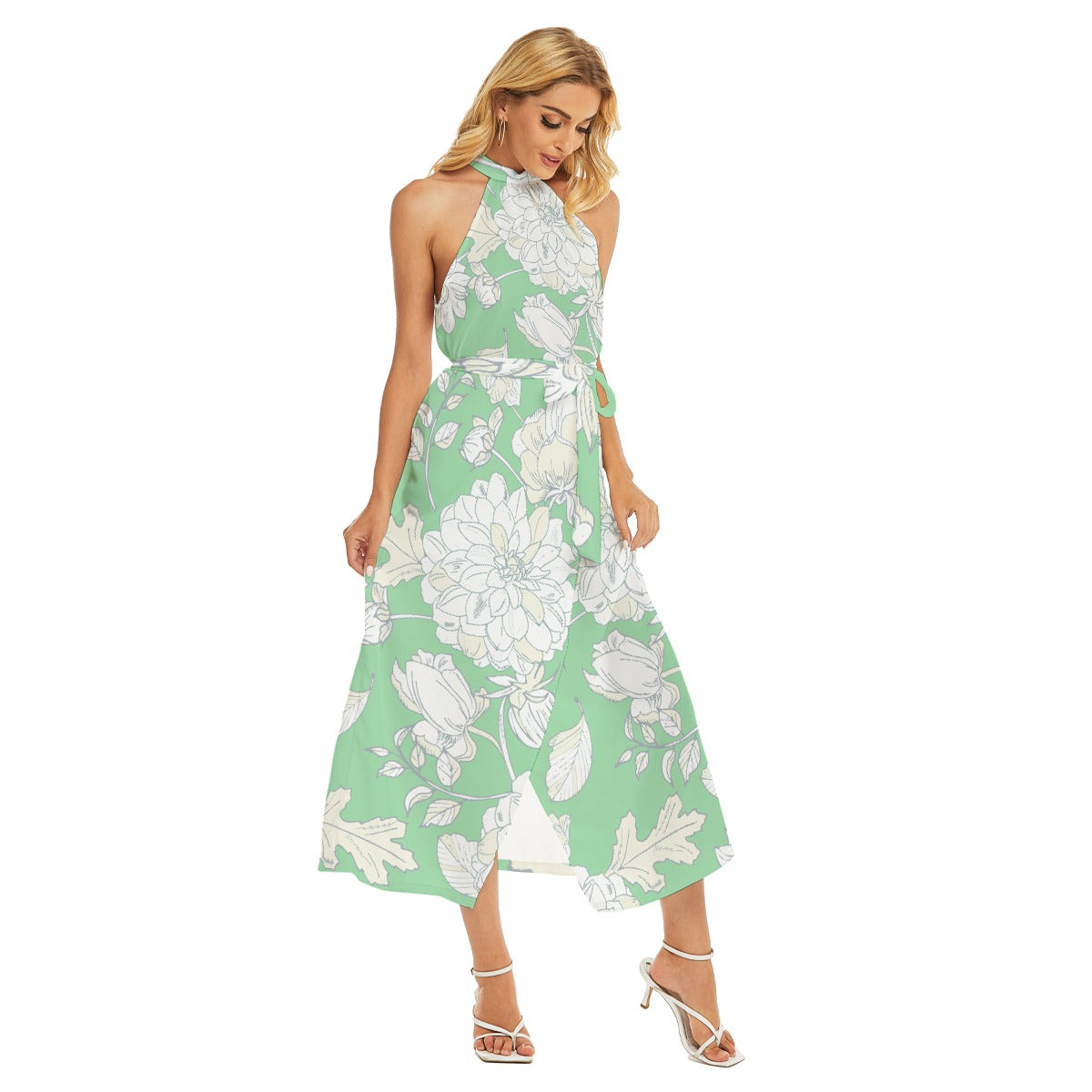 All-Over Print Women's Wrap Hem Belted Halter Dress