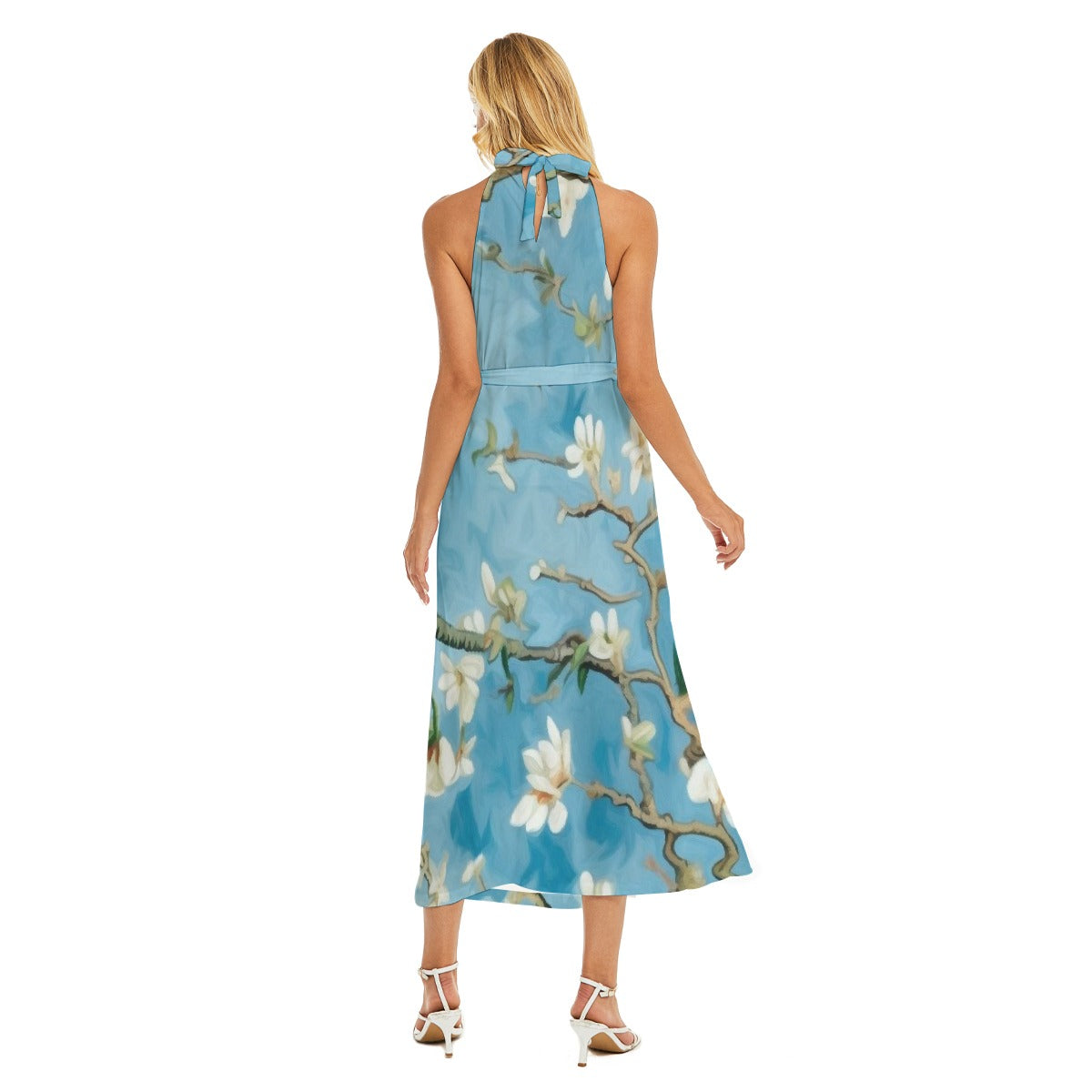 All-Over Print Women's Wrap Hem Belted Halter Dress