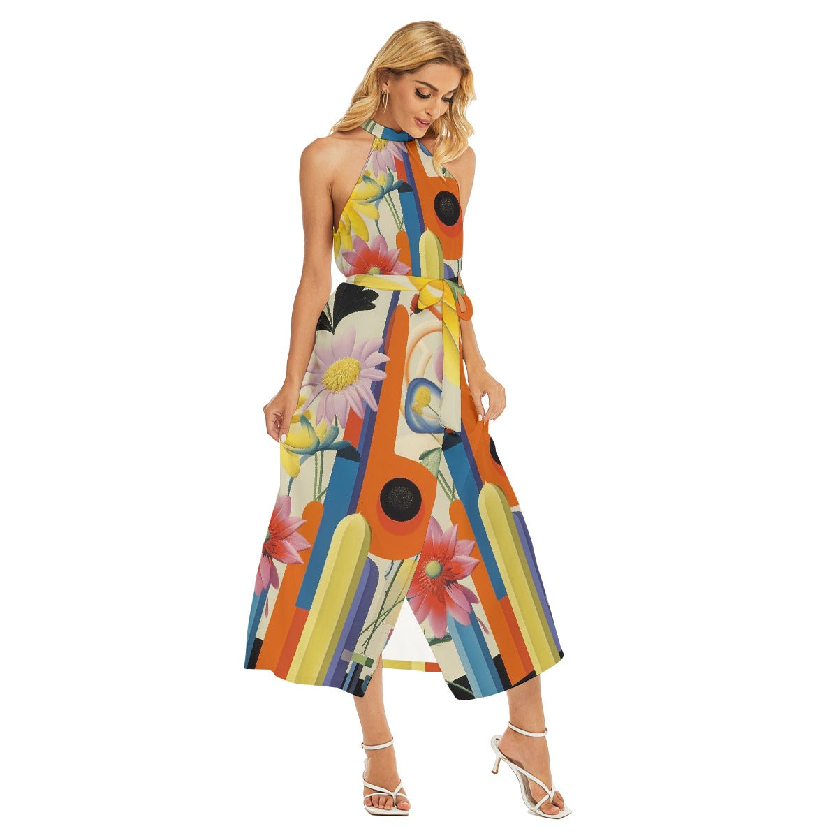 All-Over Print Women's Wrap Hem Belted Halter Dress