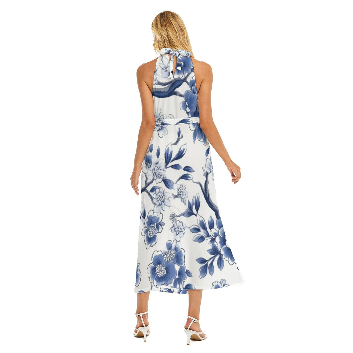 All-Over Print Women's Wrap Hem Belted Halter Dress