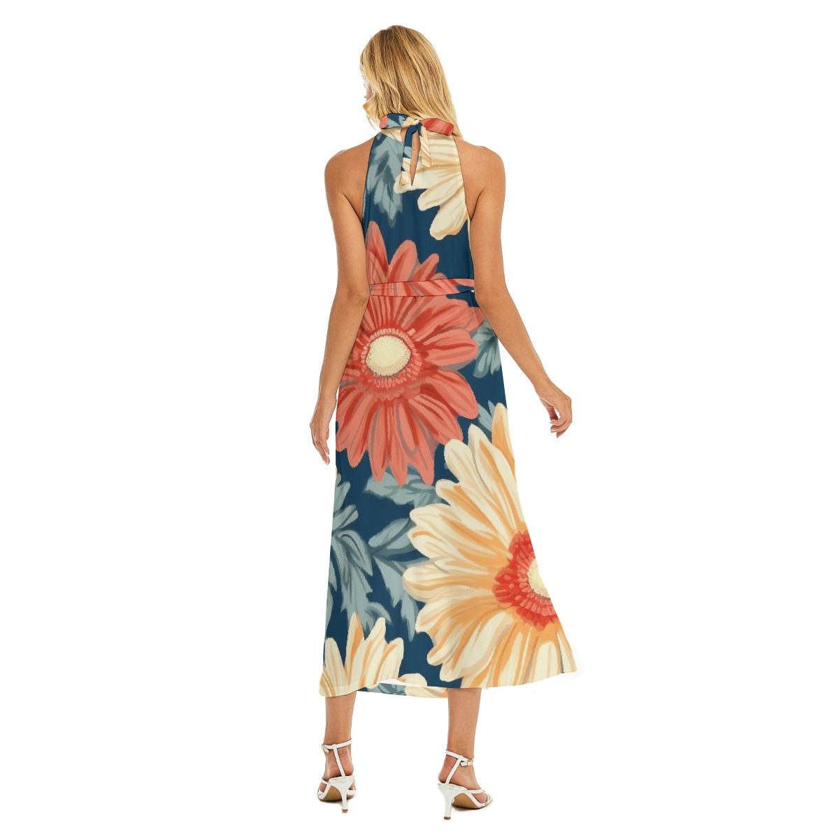 All-Over Print Women's Wrap Hem Belted Halter Dress