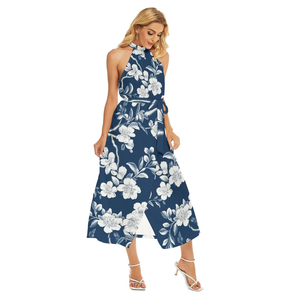 All-Over Print Women's Wrap Hem Belted Halter Dress