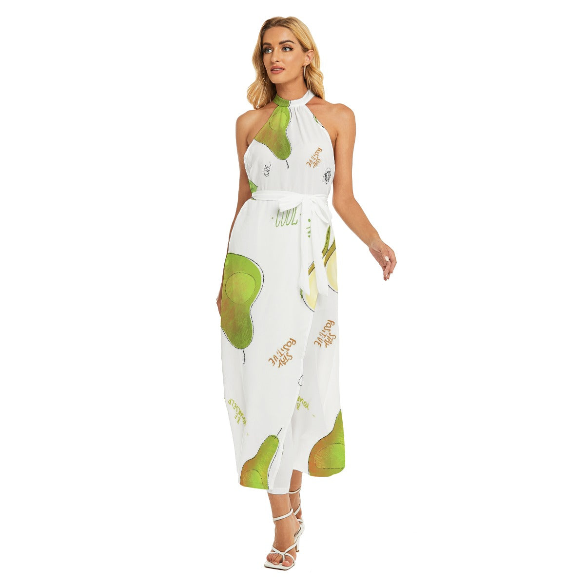 All-Over Print Women's Wrap Hem Belted Halter Dress