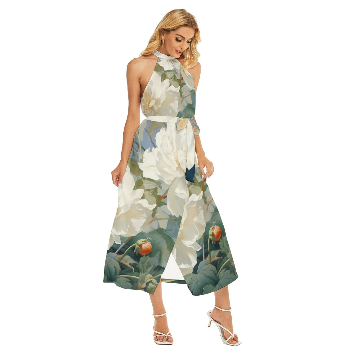 All-Over Print Women's Wrap Hem Belted Halter Dress