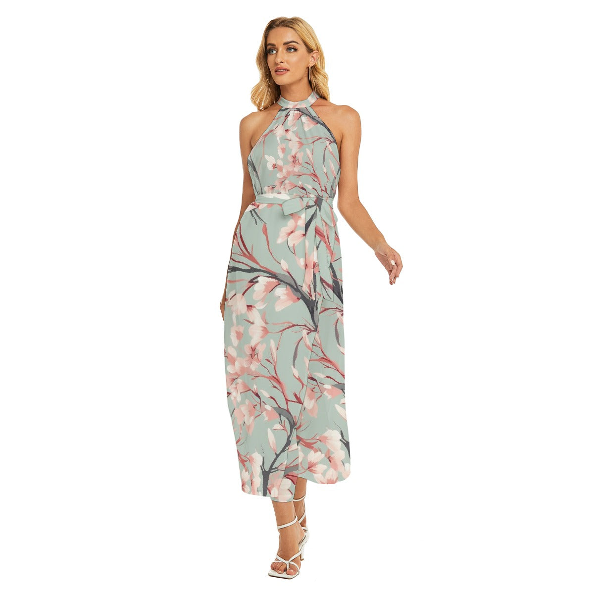 All-Over Print Women's Wrap Hem Belted Halter Dress