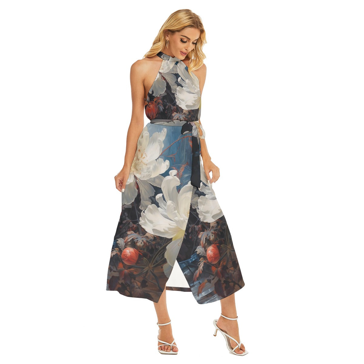 All-Over Print Women's Wrap Hem Belted Halter Dress