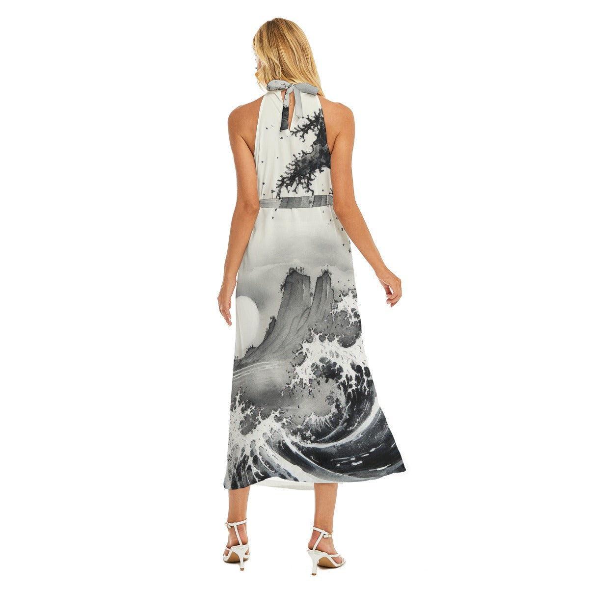 All-Over Print Women's Wrap Hem Belted Halter Dress