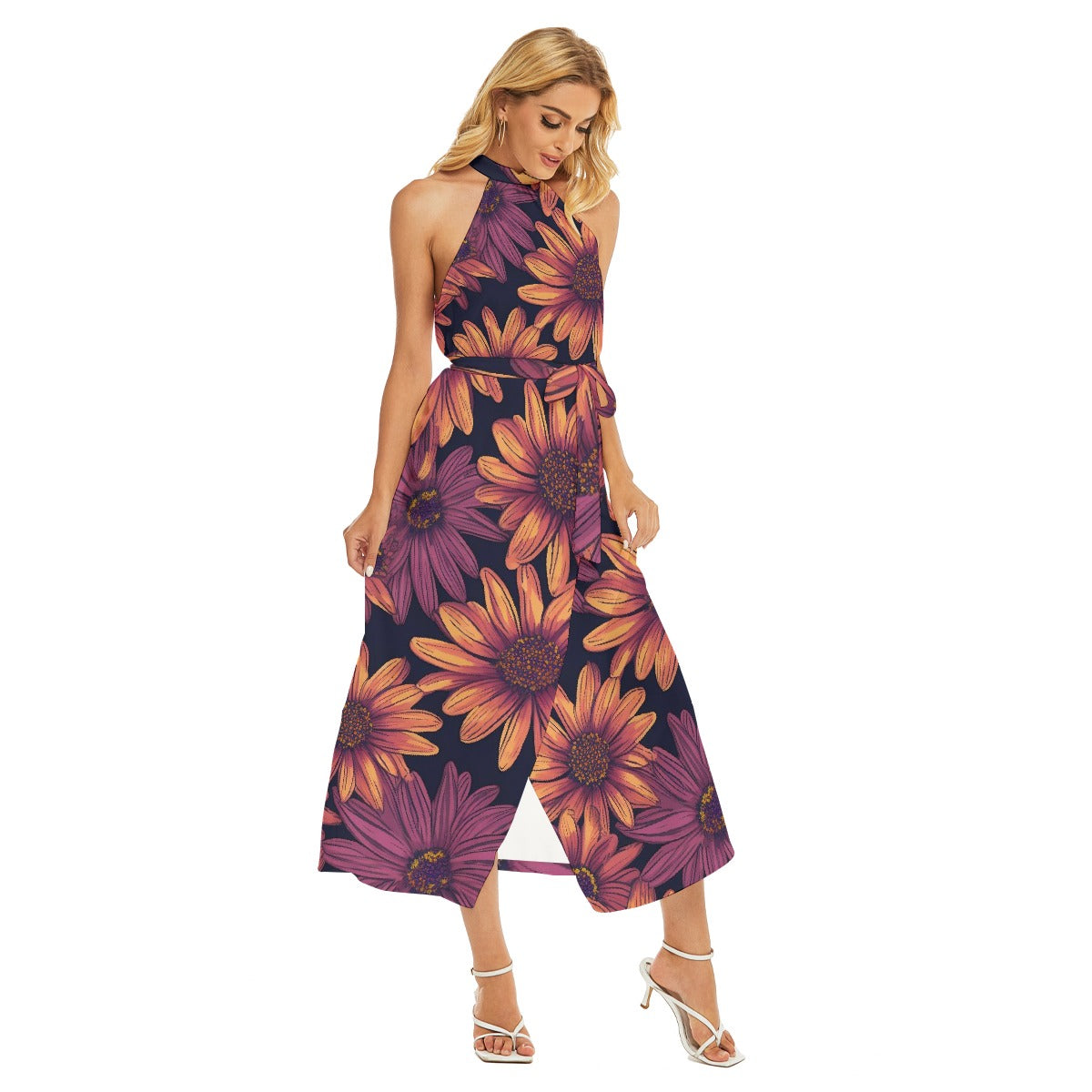 All-Over Print Women's Wrap Hem Belted Halter Dress