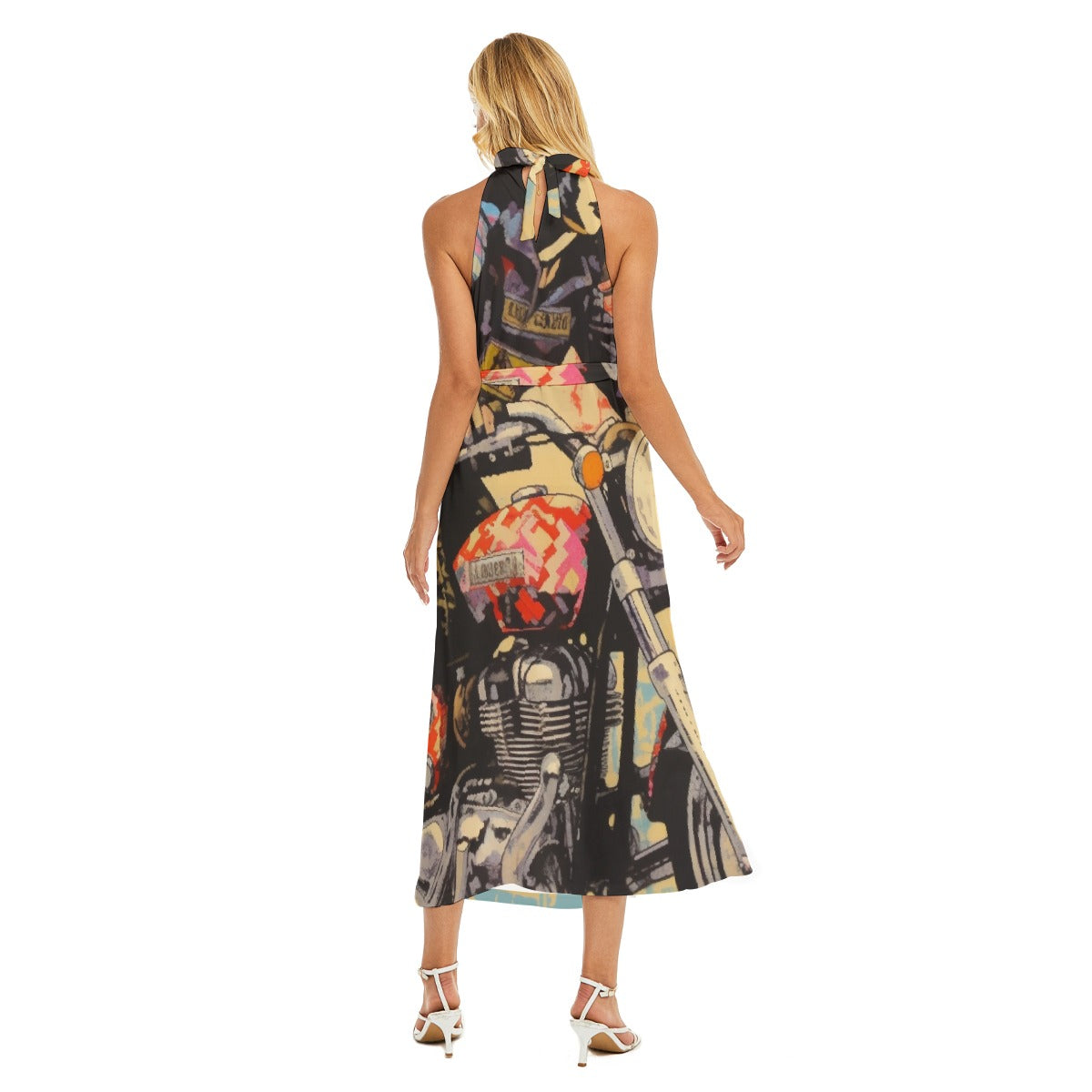 All-Over Print Women's Wrap Hem Belted Halter Dress