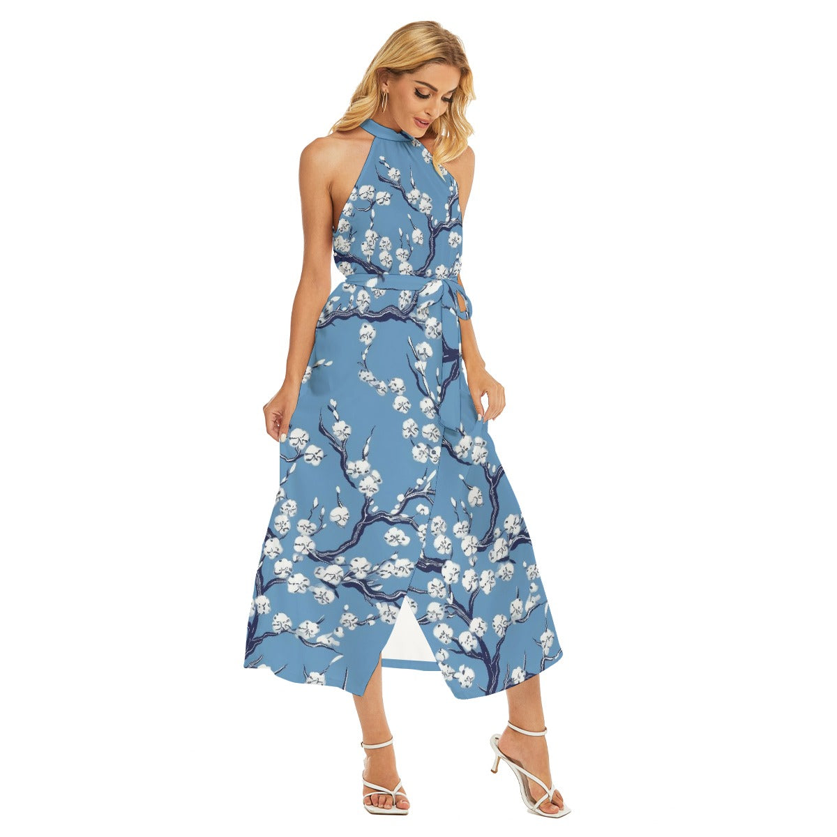 All-Over Print Women's Wrap Hem Belted Halter Dress