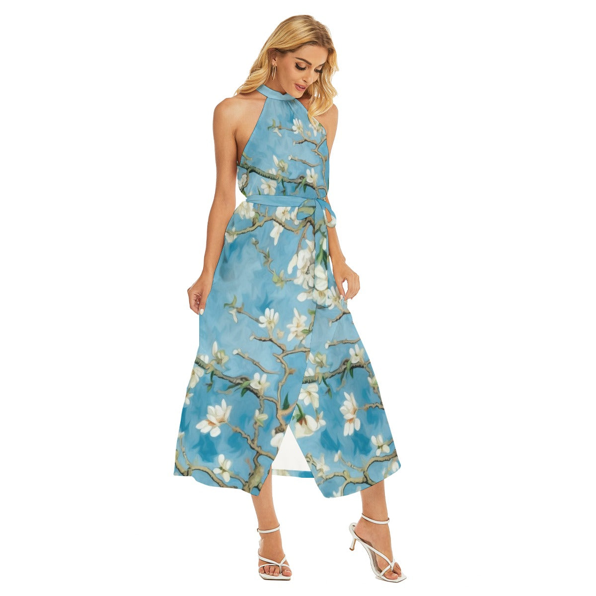 All-Over Print Women's Wrap Hem Belted Halter Dress