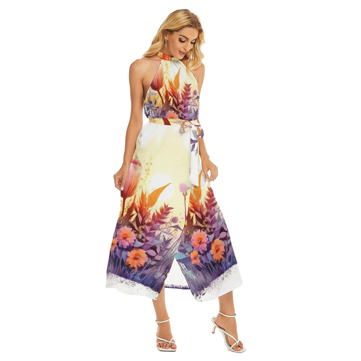 All-Over Print Women's Wrap Hem Belted Halter Dress