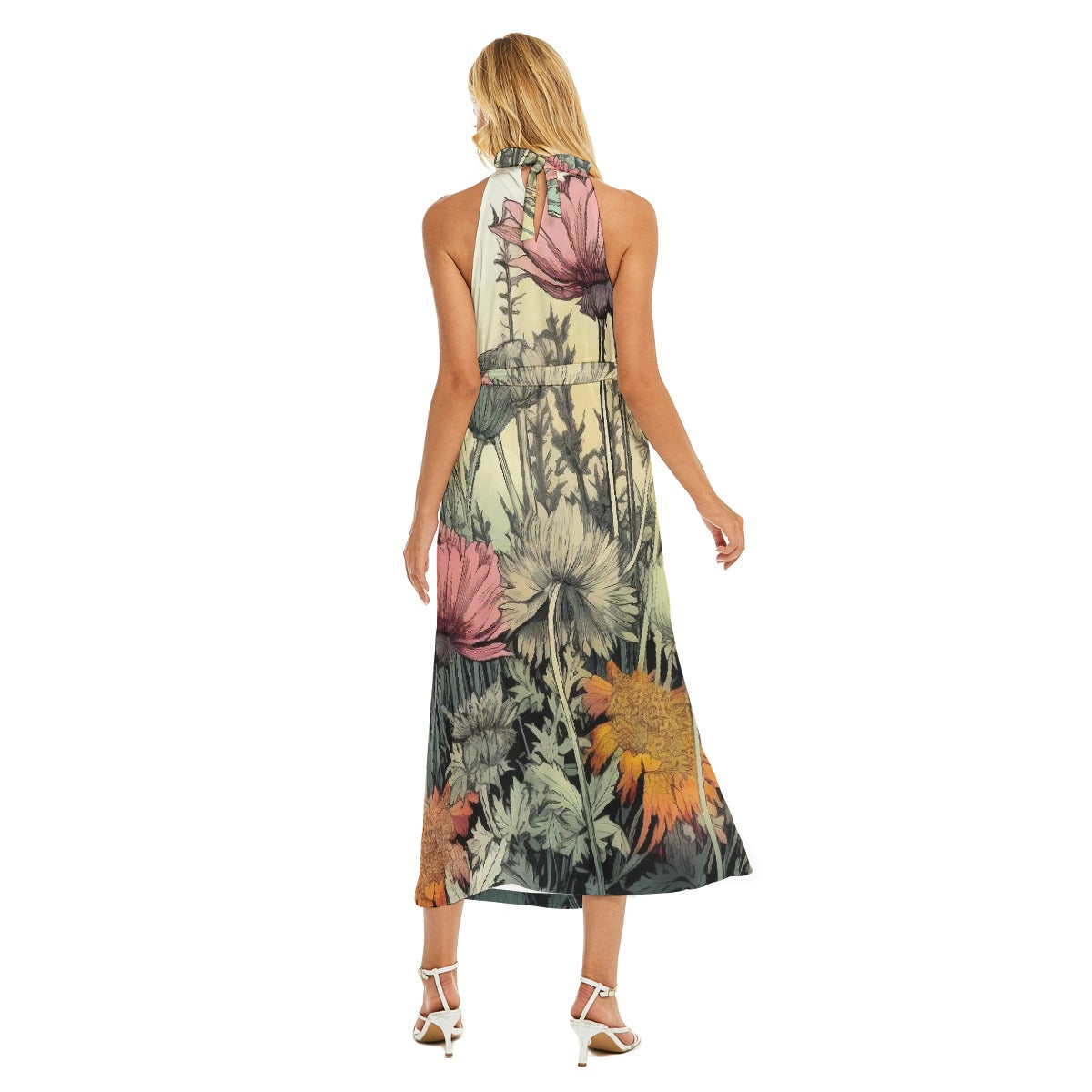 All-Over Print Women's Wrap Hem Belted Halter Dress