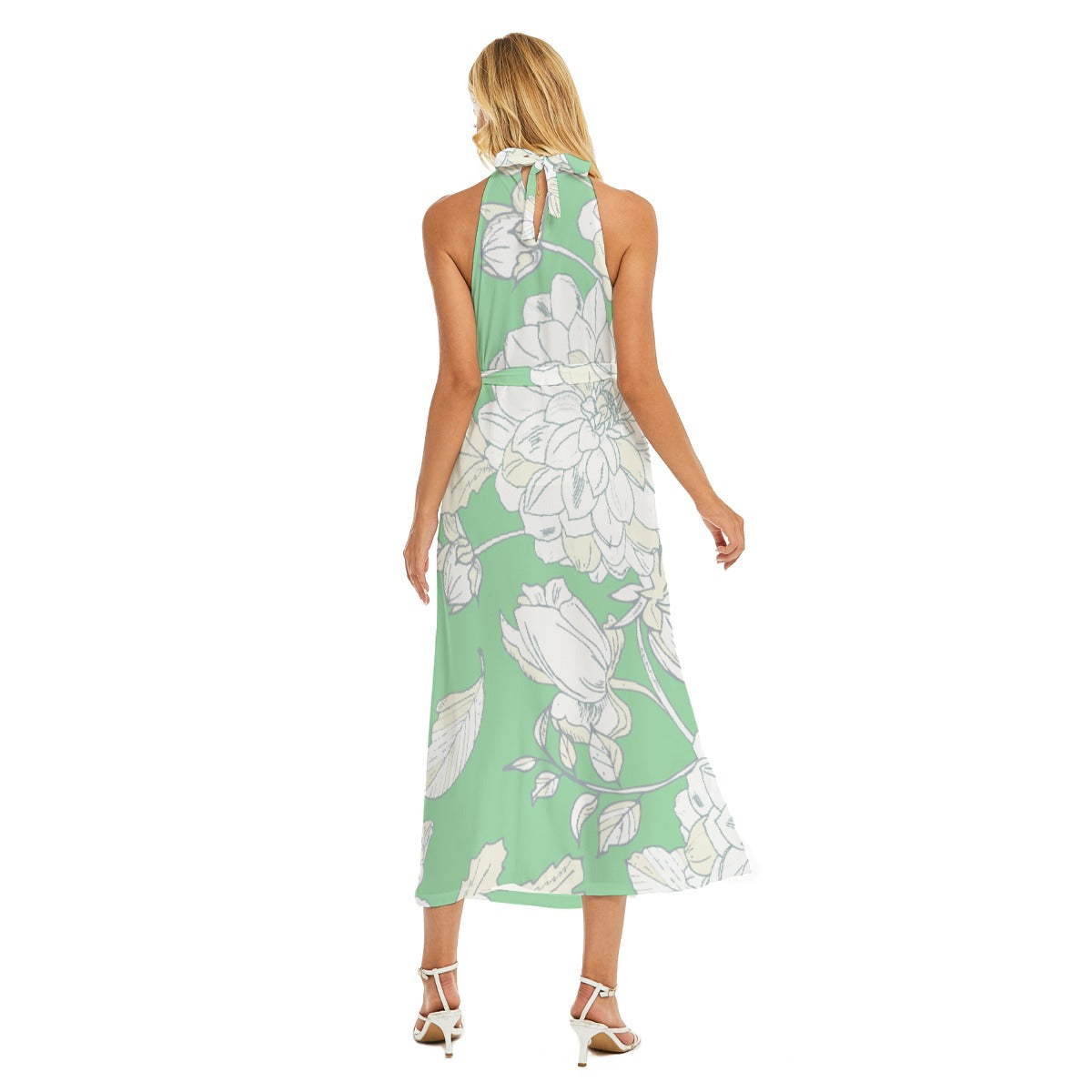 All-Over Print Women's Wrap Hem Belted Halter Dress