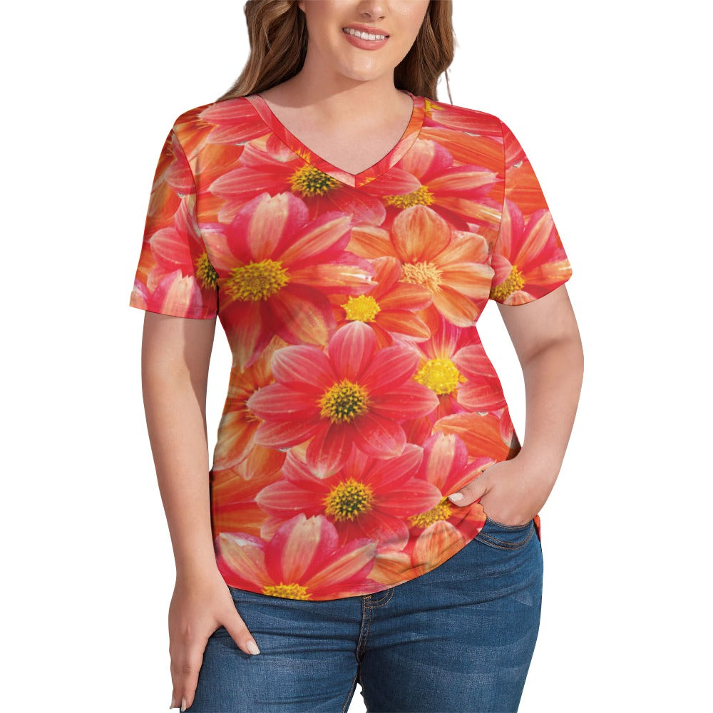 2024 New V Neck Short-sleeve Women Shirt Printed