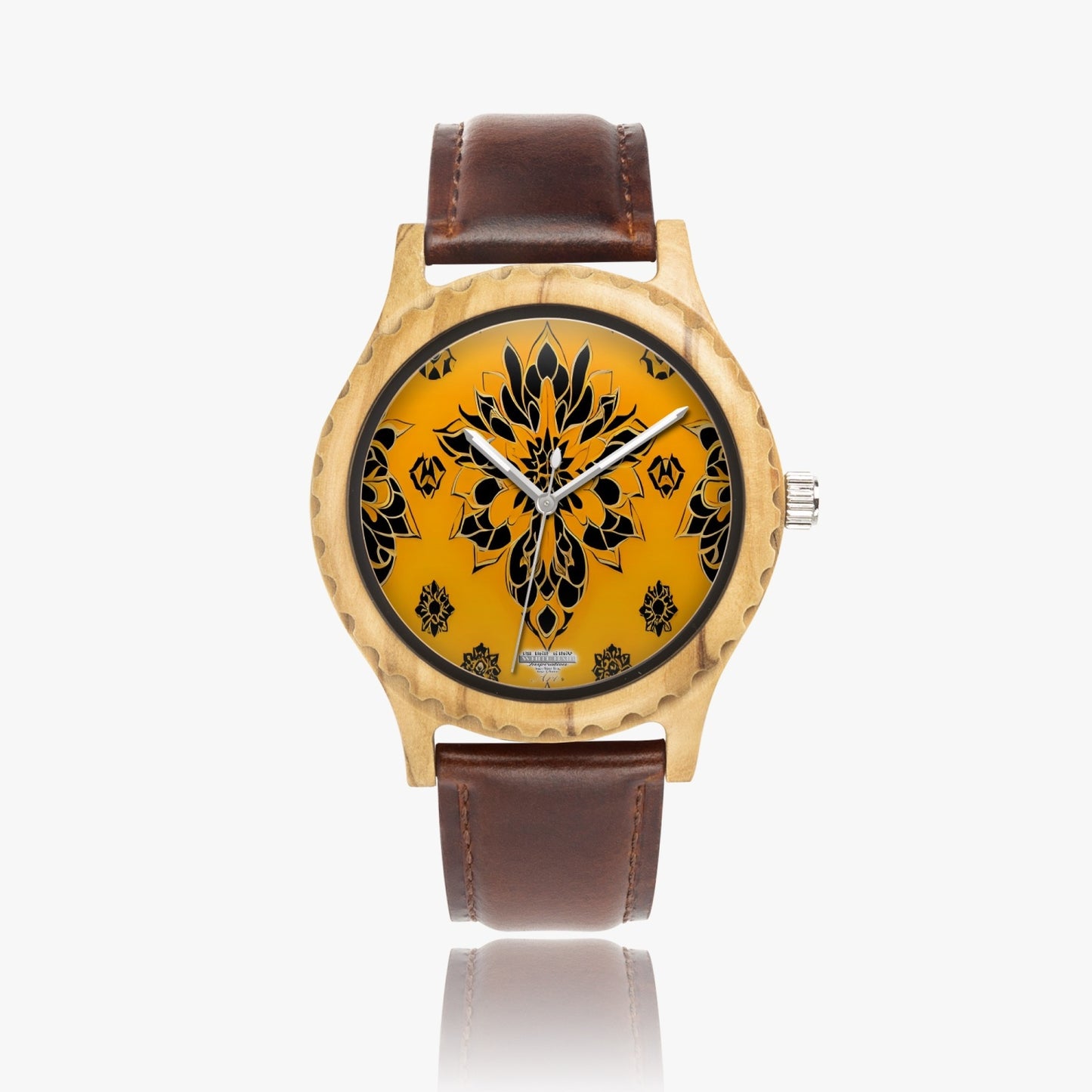 Orange and black royal pattern Italian Olive Lumber Wooden Watch - Leather Strap