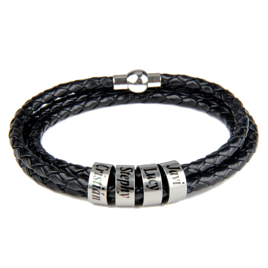 Engraved Titanium Beads Leather Bracelet Sexy silver grey gentlemen ]