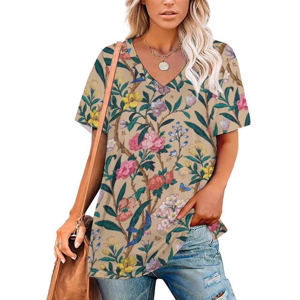 2024 New V Neck Short-sleeve Women Shirt Printed