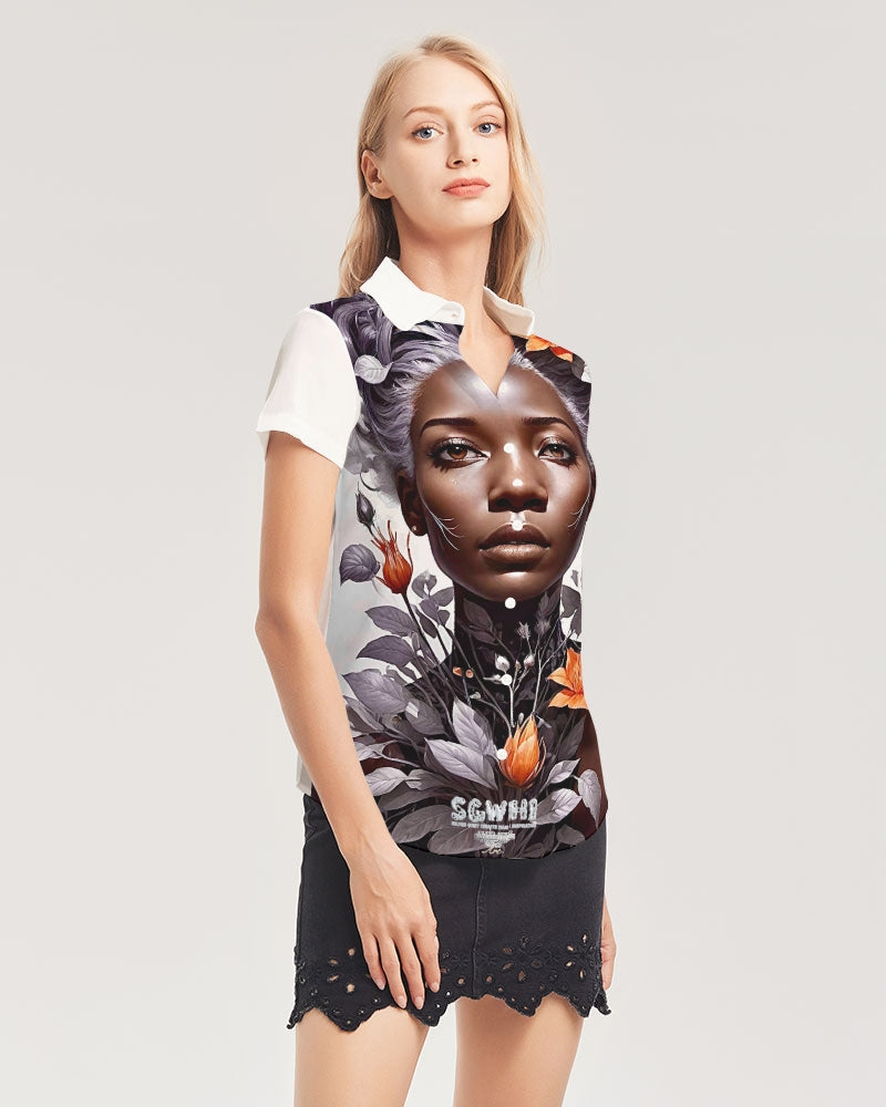 Beautiful black silver grey hair blossom women Women's All-Over Print Short Sleeve Button Up