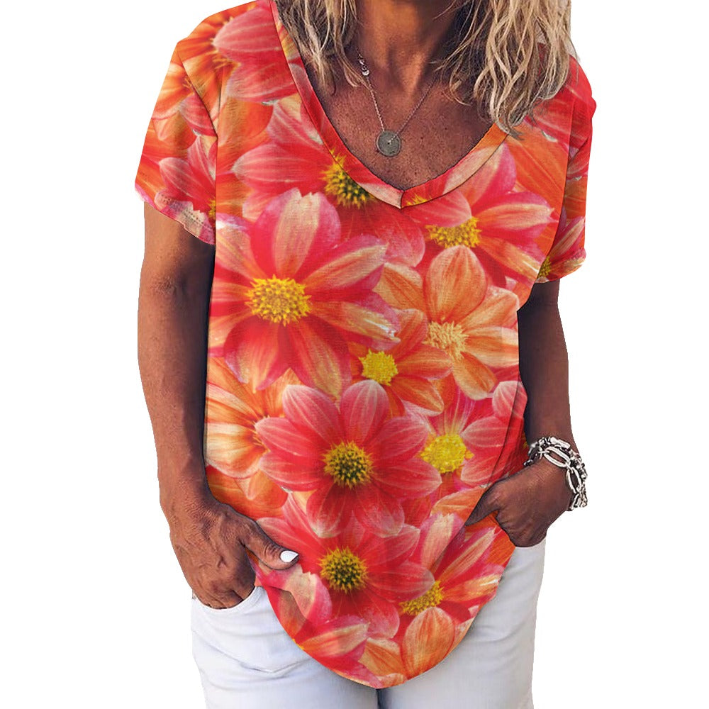 2024 New V Neck Short-sleeve Women Shirt Printed