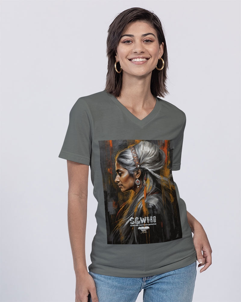 South Asian silver grey white hair sisters portrait [2] Unisex Jersey V-Neck Tee | Bella + Canvas