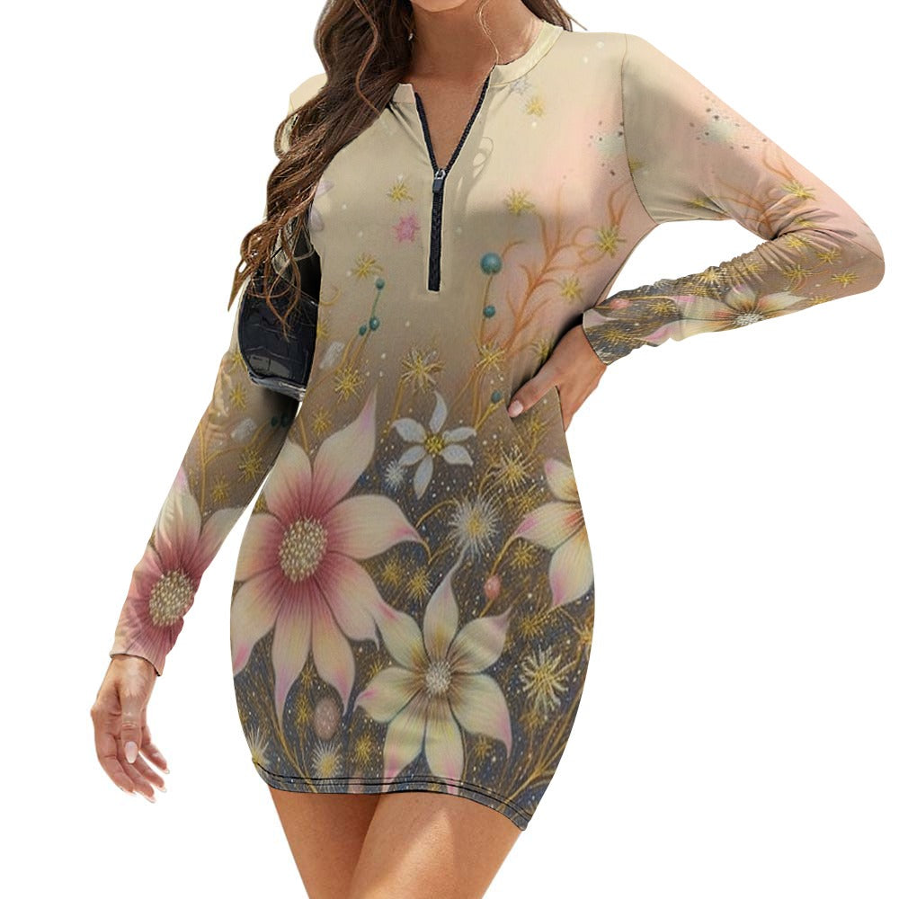 Women's Zipper Long Sleeve Hip Dress