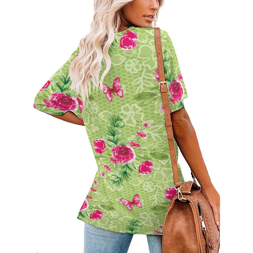 2024 New V Neck Short-sleeve Women Shirt Printed